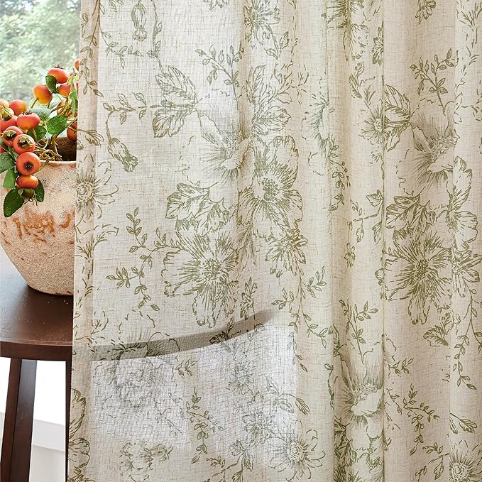 jinachan Linen Blend Floral Curtains for Living Room 54 Inch Length Christmas Sage Green Printed Curtain Rod Pocket Back Tab Farmhouse Peony Flower Patterned Drapes Bedroom Curtains Set 2 Panels