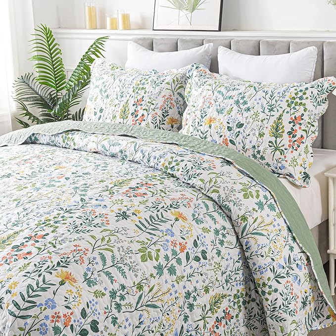 HoneiLife Floral Quilt King Size - 3 Pieces Microfiber Quilt Sets Lightweight Bedspreads Wildflower Coverlets Retro Bed Cover King Quilt Bedding Set All Season Quilts