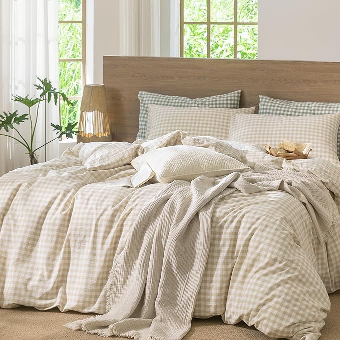 MooMee Gingham Duvet Cover Set 100% Washed Cotton Linen Like Textured Breathable Durable Soft Comfy Modern Checkered Design (Almond Milk Grey Gingham, Cal King 104"x98")