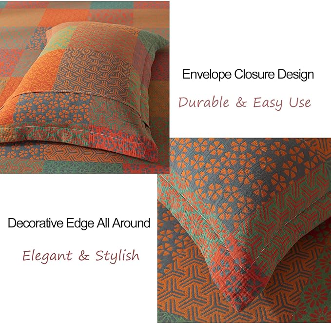 FADFAY Grid Sheets Set King Vintage Checkered Floral Bedding Shabby Geometry Farmhouse Bedding Super Soft Washed Double -Layer Muslin Sheets 100% Cotton Deep Pocket Fitted Sheet 4Pcs, King Size