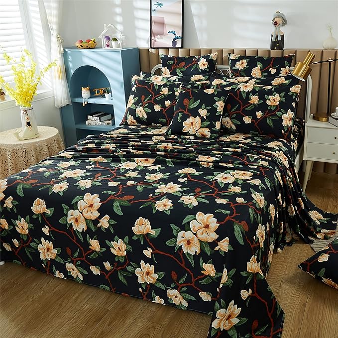 FADFAY Sheets Set Twin XL Shabby Black and Yellow Floral Bedding Elegant Peony Sheets Set Vintage Farmhouse Bedding 100% Egyptian Cotton 800 Thread Count Deep Pocket Fitted Sheet, 4Pcs-Twin XL Size