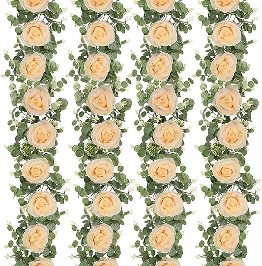 Dolicer 4Pcs 26Ft Artificial Eucalyptus Garlands with Flowers - 8 Roses, Faux Floral Greenery Garlands Fake Flowers Vines for Wedding Table Centerpieces Arch Party Ceremony Backdrop Decor (Champagne)
