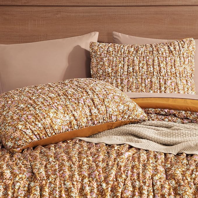 Full Size Comforter Sets-7 Pieces Puff Brown Floral Bedding Set for All Seasons, Shabby Chic Farmhouse Bed in a Bag Full with Floral Comforter, Sheets, Pillowcases & Shams