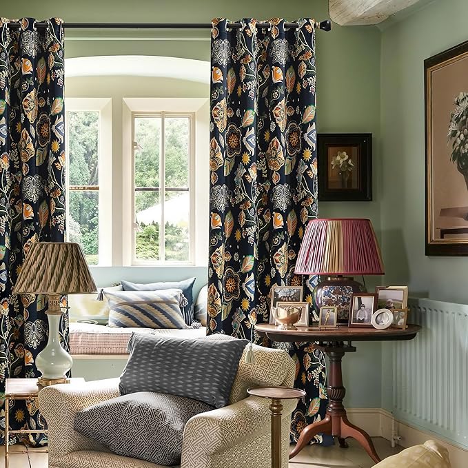 XiDi Navy Blue Vintage Floral Patterned Blackout Curtains 84 Inches Long for Bedroom Living Room 2 Panels Thermal Insulated Luxury Modern Curtains Dark Botanical Leaf Printed Design Grommet Drapes