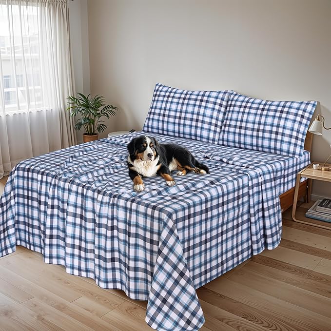 RUVANTI Flannel Sheets California King Size - 100% Cotton Brushed Cal King Bed Sheets Set - Deep Pockets 14 Inches - All Seasons Breathable & Extra Soft - Warm & Cozy, 4 Piece, Gingham Addition