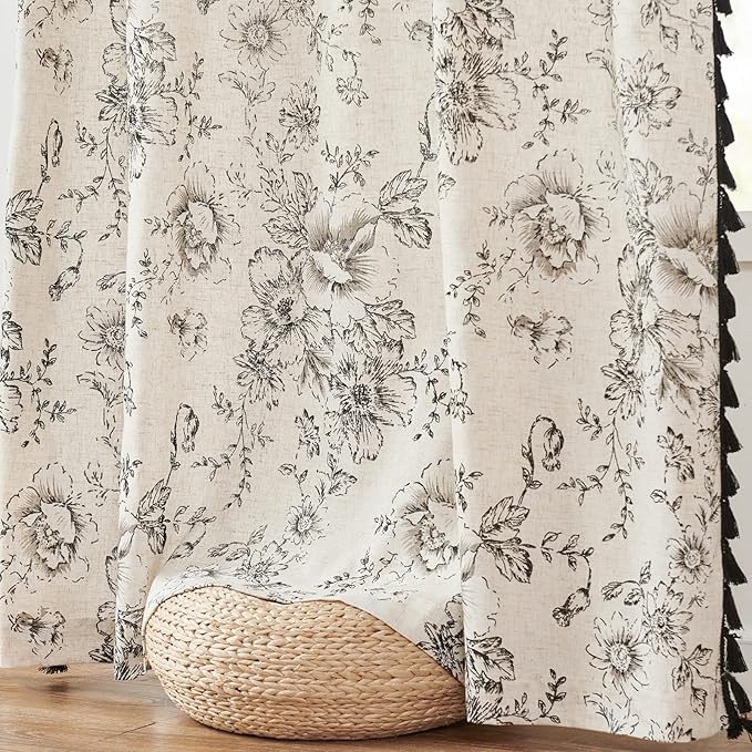 JINCHAN Linen Blend Floral Curtains for Living Room & Bedroom - 63 Inch Length Printed Curtains with Tassels & Rod Pocket - Farmhouse Rustic Peony Flower Patterned Drapes - Set of 2 Panels