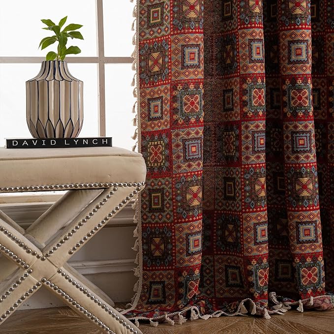 ENJOYBRIDAL Patchwork 96 Inch Curtains for Living Room Boho Drapes Bedroom Jacquard Bohemian Long Window Curtains 2 Panel Sets Semi Sheer Rod Pocket Red Cute Geometric Patterned Window Treatments