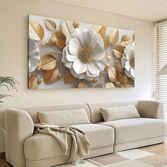 Tarfupth Floral Canvas Wall Art for Living Room Gold and White Flowers Large Botanical Artwork for Bedroom Office Home Decor Canvas Prints 24"x48"