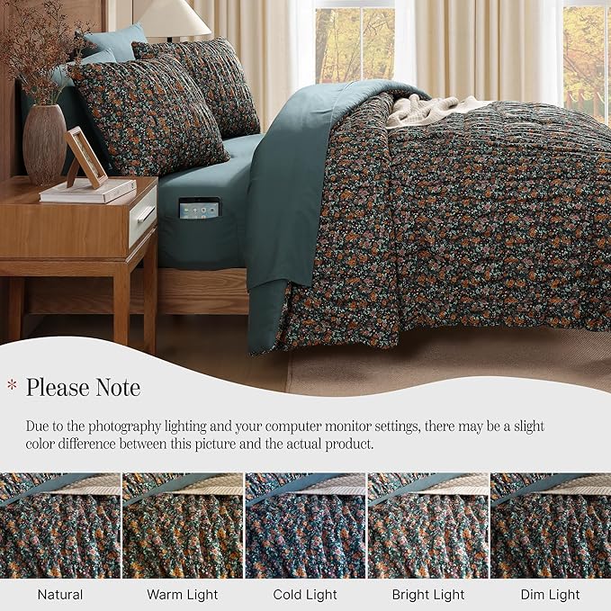 Full Size Comforter Sets-7 Pieces Puff Dark Green Floral Bedding Set for All Seasons, Shabby Chic Farmhouse Bed in a Bag Full with Floral Comforter, Sheets, Pillowcases & Shams