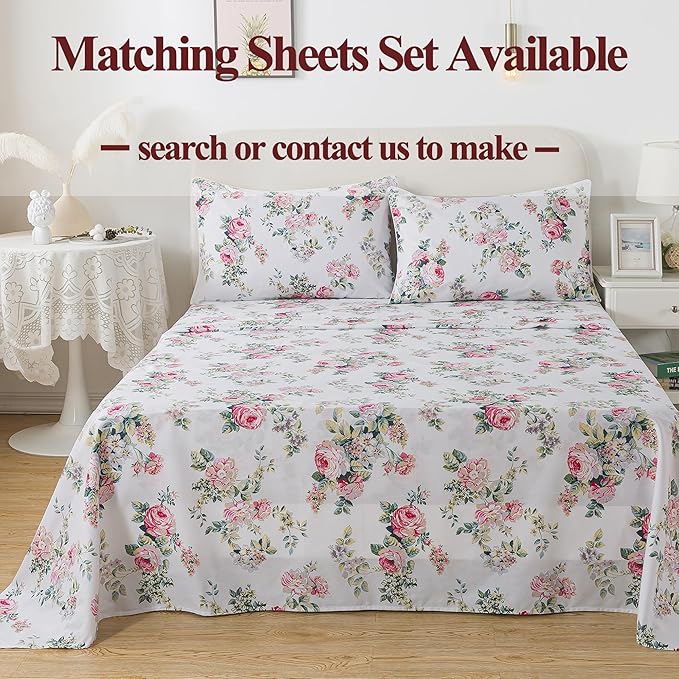 FADFAY Duvet Cover Set Queen Pink Rose Floral Bedding Shabby Peony Flower Quilt Cover Set Vintage Farmhouse Bedding 100% Cotton Soft Comforter Cover Set with Hidden Zipper Closure 3Pcs, Queen Size