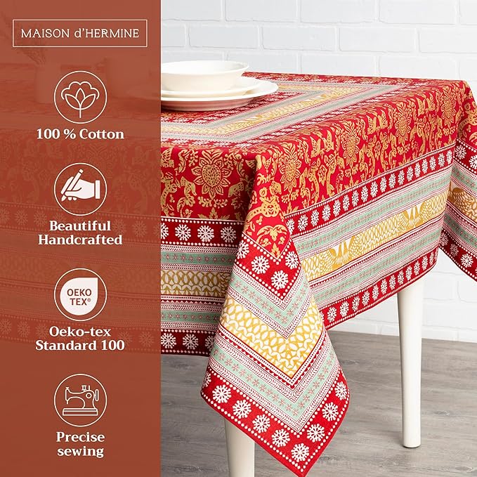 Maison d' Hermine Table Cloth Rectangle Table 100% Cotton 70 x 120 Inches Fall Tablecloth Reusable Everyday Use for Thanksgiving Christmas Decorations Dining Farmhouse Party (Sofia)