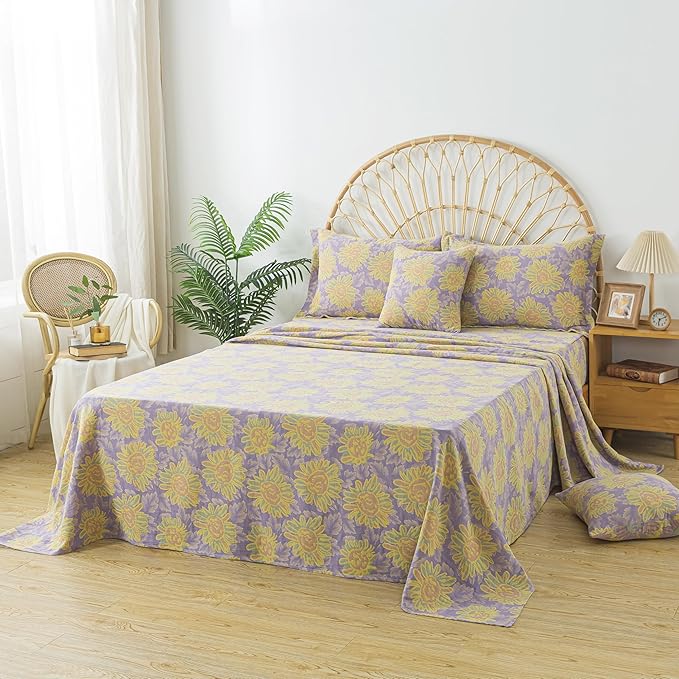 FADFAY Sunflower Sheets Set Queen Vintage Yellow Purple Floral Bedding Shabby Farmhouse Bedding Super Soft Washed Double -Layer Muslin Sheets 100% Cotton Deep Pocket Fitted Sheet 4Pcs, Queen Size