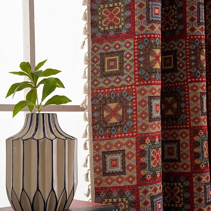 ENJOYBRIDAL Patchwork 96 Inch Curtains for Living Room Boho Drapes Bedroom Jacquard Bohemian Long Window Curtains 2 Panel Sets Semi Sheer Rod Pocket Red Cute Geometric Patterned Window Treatments