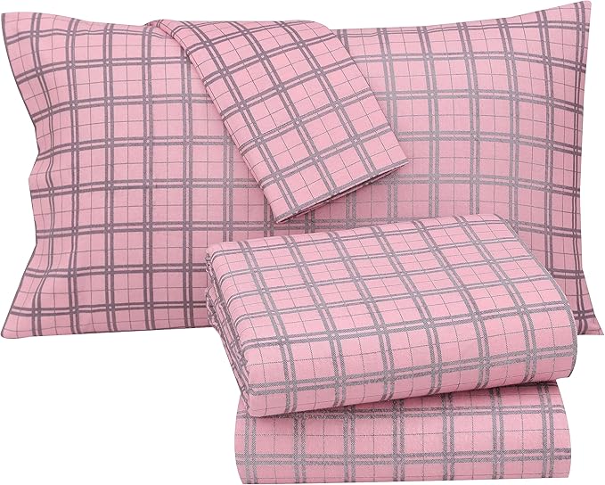 RUVANTI Flannel Sheets California King Size - 100% Cotton Brushed Cal King Bed Sheets Set - Deep Pockets 14 Inches - All Seasons Breathable & Extra Soft - Warm & Cozy, 4 Piece, Check & Bolt Pink