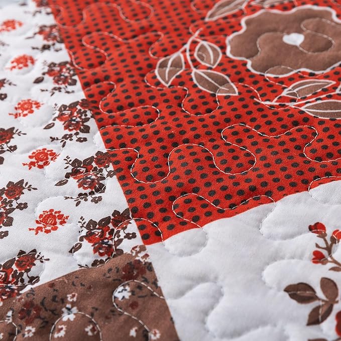 HoneiLife Quilt Set Queen Size - 3 Piece Microfiber Bedspread Reversible Coverlet Patchwork Bedding Set Lightweight Bedcover Floral Bedspreads All Season Quilts-Amaranth Red