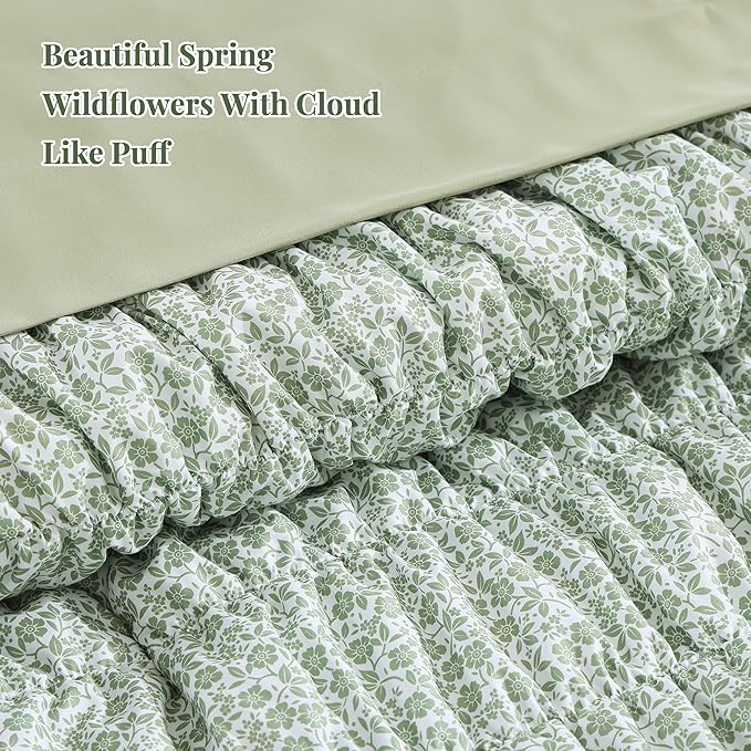 King Comforter Set-7 Pieces Sage Green Classic Puff Floral Bedding Sets for All Seasons,Shabby Chic Farmhouse Bed in a Bag King with Wildflowers Fluffy Comforter,Sheets, Pillowcases & Shams