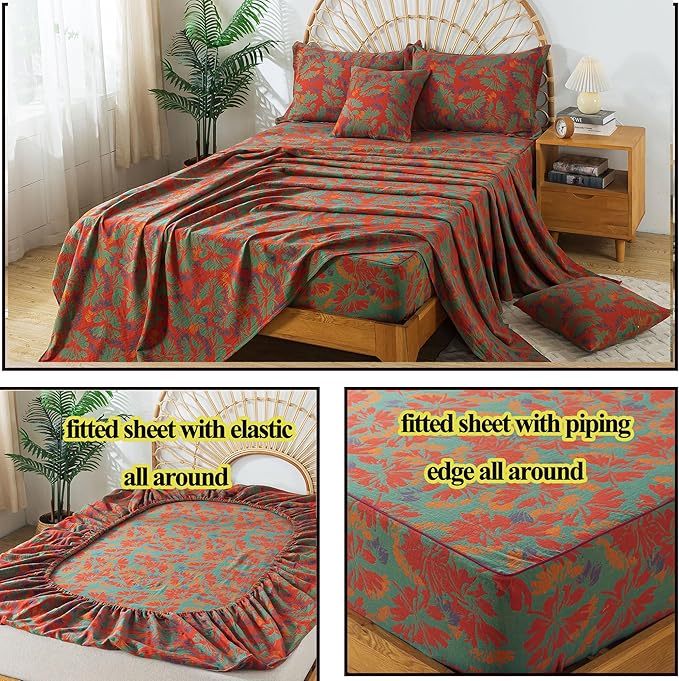 FADFAY Floral Sheets Set King Vintage Red Green Floral Bedding Shabby Maple Leaf Farmhouse Bedding Super Soft Washed Double -Layer Muslin Sheets 100% Cotton Deep Pocket Fitted Sheet 4Pcs, King Size