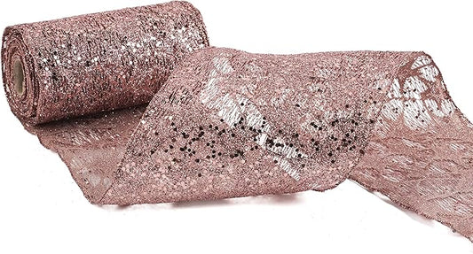 MEEDEE 6 Inch Wide Wired Ribbon Rose Gold Glitter Mesh Web Wired Edge Ribbon by 10 Yards Roll Rose Gold Wired Ribbons for Christmas Tree, Garland, Holiday Wreaths, Bows, Centerpiece, Gift Wrapping