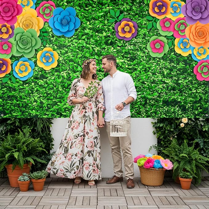 Frienda 36 Pcs DIY Paper Flower Decor Set with 83x59 Inch Custom Background Cloth and Rope, Artificial 3D Flower Wall Decor for Wall Bulletin Board Wedding Halloween Mexican Festive Party(Grass)
