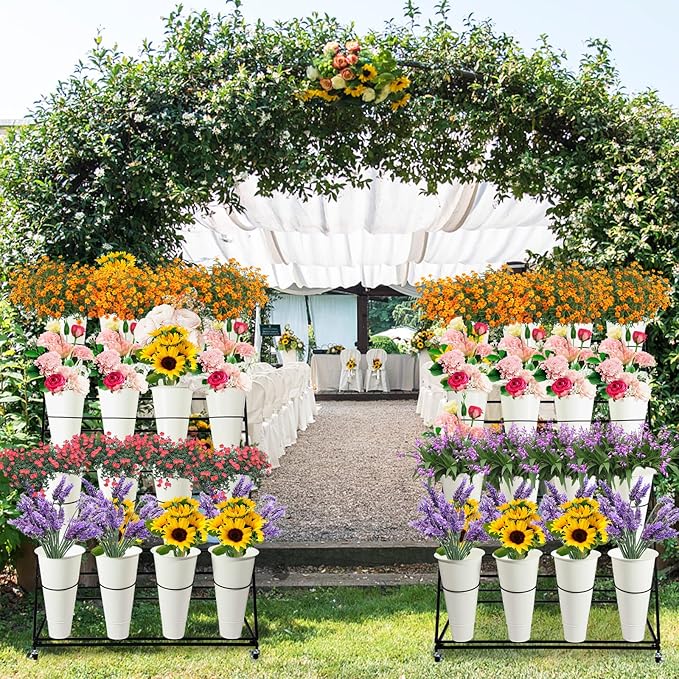 Flower Display Stand with Buckets, 3 Layers Metal Plant Stand, Moving Florist Bouquet Shelf for Fresh Flower Shop, for Patio Garden, Outdoor Flower Pop-Up Events (White Frame - White Bucket)
