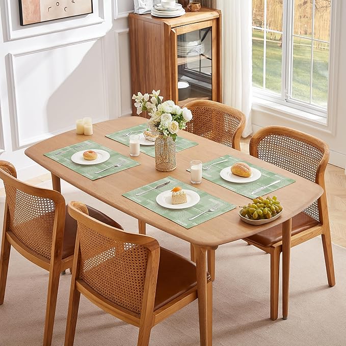 LilyCat Linen Fabric Floral Placemats, Green Stripes Durable Boho Dining Table Mats for Kitchen, Rustic Vintage Washable Place Mats Set of 6, 18’’× 12’’