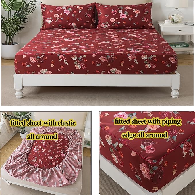 FADFAY Red Rose Sheets Cal King Vintage Rose Floral Bedding Chic Rose Flower Sheets Shabby Farmhouse Bedding 100% Egyptian Cotton 800 Thread Count Deep Pocket Fitted Sheet 4Pcs, California King Size