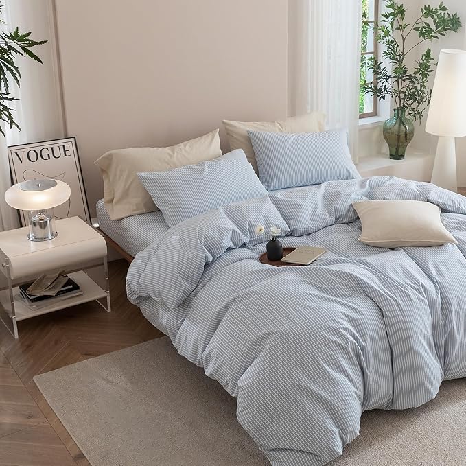 JIYUAN 100% Washed Cotton Striped Duvet Cover Set 3 Pieces King, 1 Duvet Cover and 2 Pillowcases(Comforter Not Included),Linen Like Comfy and Breathable,Pinstripes - Heathered Cornflower Blue White