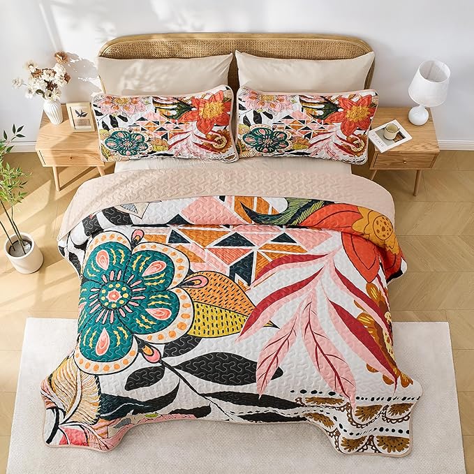 Quilt Set Twin Size, Boho Floral 2 Pcs Soft Bed Cover Bedding Set, Mid Century Flowers Lightweight Bedspread Coverlet with Pillow Sham for All Season