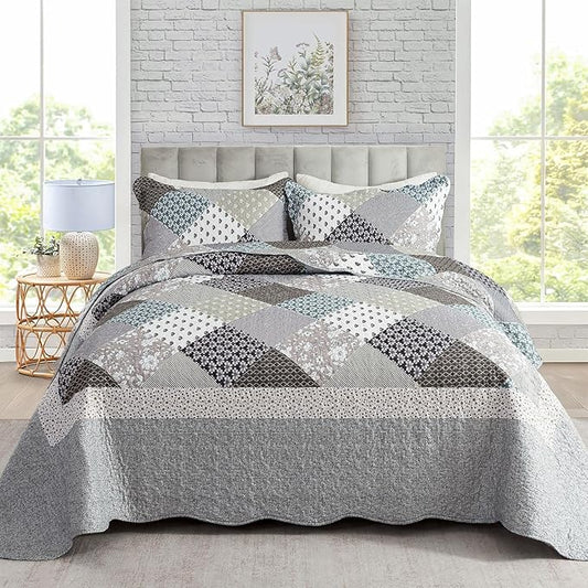 Travan 3-Piece Quilt Set Quilted Bedspread Garden Style Floral Printed Oversized Microfiber Lightweight Coverlet Set with Shams, Exquisite, Queen Size