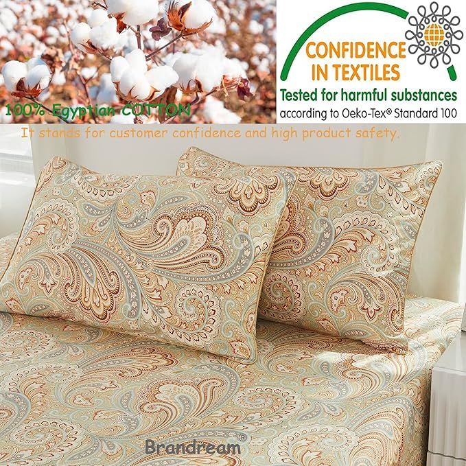 Brandream Paisley Bedding Gold Classy Regal Themed Boho Bed Sheet Set Luxury Bedding Collections 800 Thread Count 100% Egyptian Cotton Deep Pocket, 4 Piece-King Size