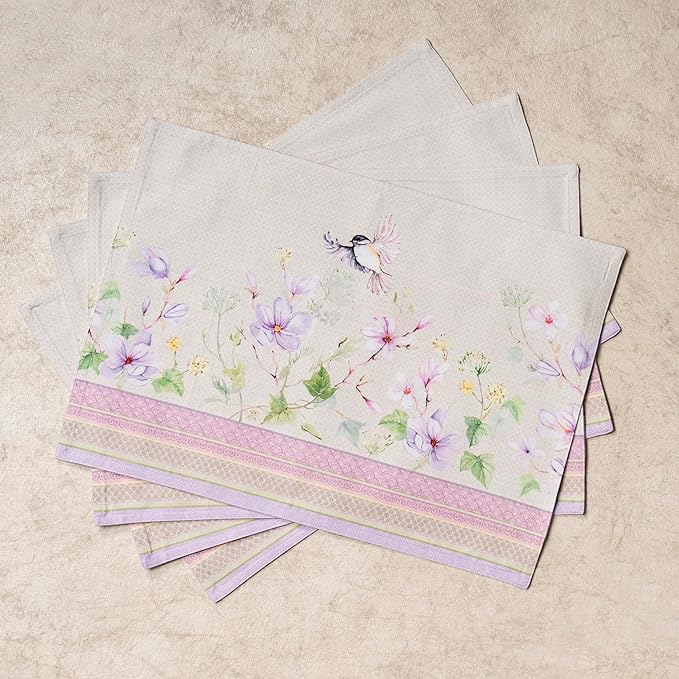 Maison d' Hermine Placemats Set of 4 100% Cotton Washable Cloth Place Mats, Reusable Table Mats for Kitchen Dining Decoration, Party, Wedding, Restaurant Spring/Summer (Magnolia Mornings, 13" x 19")