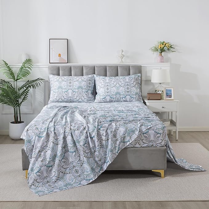 FADFAY Blue Paisley Sheets Set Twin Classic Boho Paisley Bedding Luxurious Bohemian Damask Paisley Bed Sheet Breathable 100% Egyptian Cotton 800 Thread Count Deep Pocket Fitted Sheet 4Pcs, Twin Size