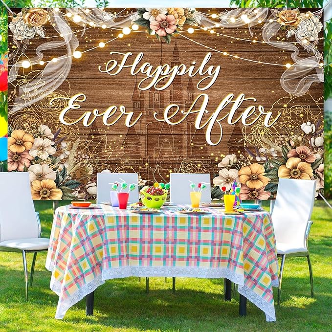 Happily Ever After Backdrop Bridal Shower Wedding Party Brown Wood Photography Background Boho Floral Golden Rose Dots Wedding Decor Banner Portrait Photo Booth Studio Props 9x6ft FU072YL