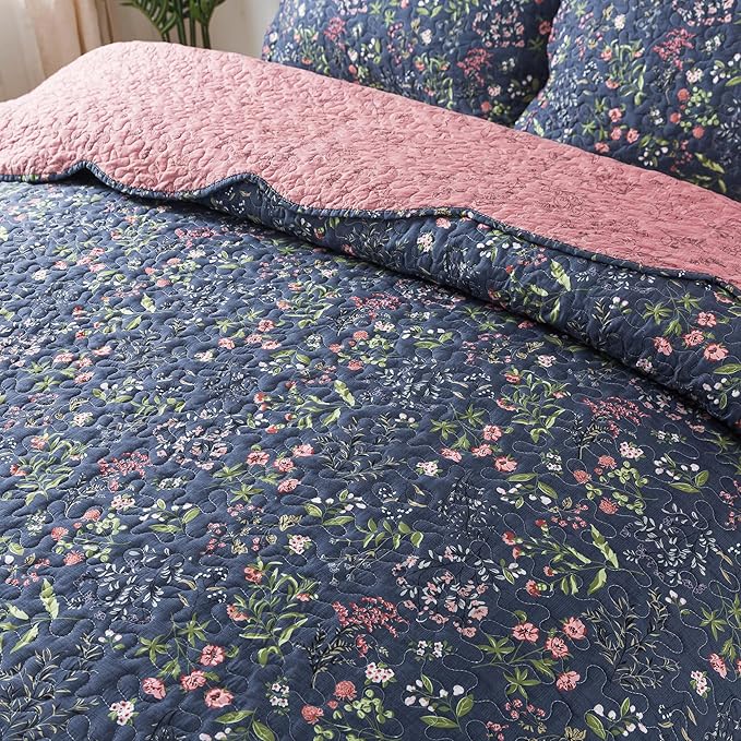 HoneiLife Floral Quilts King Size - Microfiber Coverlets 3-Piece,Lightweight Bed Cover King Quilt Bedding Set All Season Quilts-Flower Sea