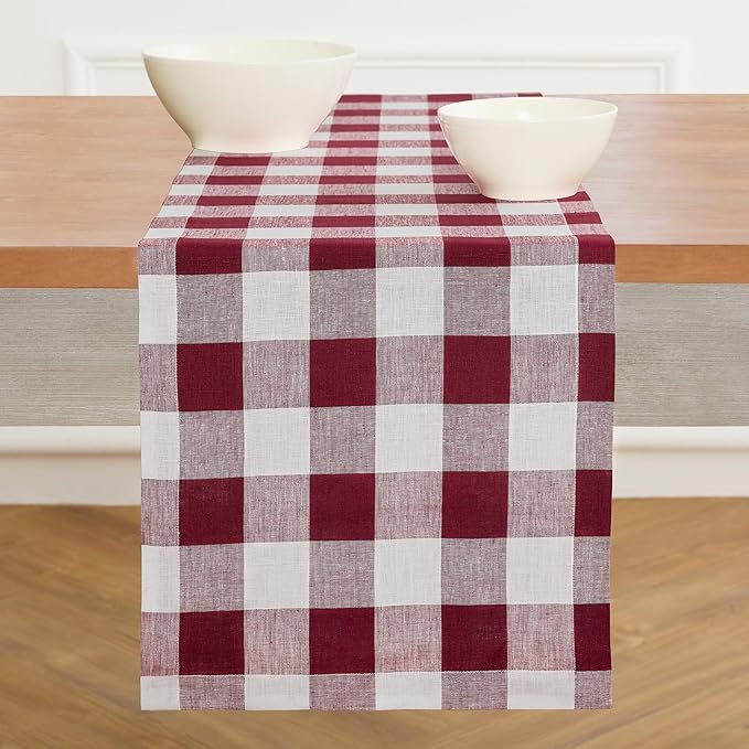 Solino Home Linen Checkered Table Runner 48 Inches - 100% Pure Linen Burgundy and White Buffalo Check Short Table Runner 14 x 48 Inch Ideal for Dresser and Coffee Tables - Valentines