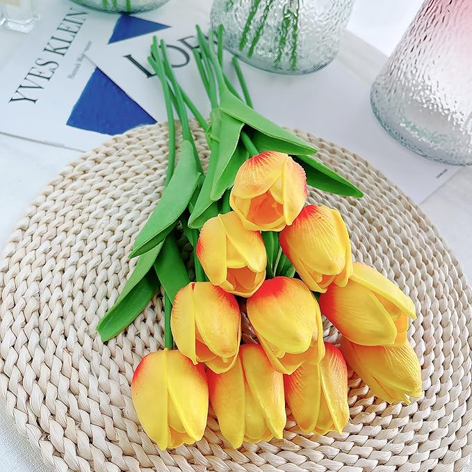 UKELER Tulips Artificial Flowers Bulk 24 Pcs DIY Wreath Real Touch Artificial Tulip Flowers for Home Kitchen Wedding Birthday Party Decorations, Orange&Yellow