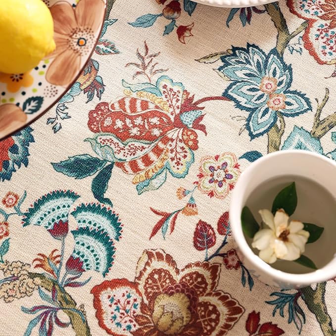 Linen Colorful Floral Long Rectangle Tablecloth,Vintage Indian Colorfast Block Print Table Cloth,Decorative Table Cover for Kitchen,Dining,Thanksgiving,Christmas,63"*102"-Mangala