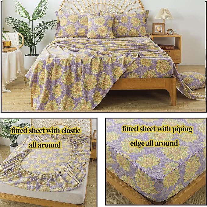 FADFAY Sunflower Sheets Set Queen Vintage Yellow Purple Floral Bedding Shabby Farmhouse Bedding Super Soft Washed Double -Layer Muslin Sheets 100% Cotton Deep Pocket Fitted Sheet 4Pcs, Queen Size