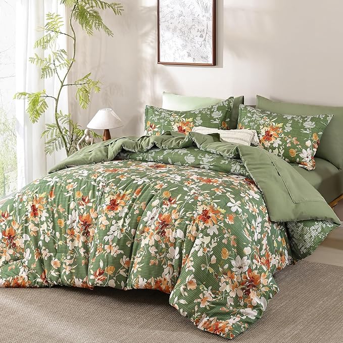 Dobuyly King Size Comforter Set, 7 Pieces Green Floral Comforter Set, Bed in a Bag King with Botanical Flowers Pattern, All Season Farmhouse Bedding Set with Sheets, Pillowcases & Shams