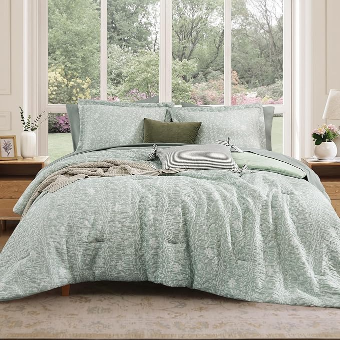 King Comforter Set -7 Pieces Green Floral Comforter Set for All Seasons, Bed in a Bag King with Botanical Flowers Comforter, Sheets, Pillowcases & Shams