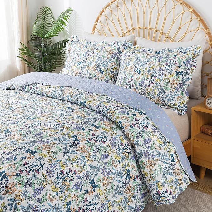 HoneiLife Quilt Sets Queen Size - Floral Quilt 3-Piece,Botanical Bedspreads Wildflower Coverlets for Queen Bed,Microfiber Bed Cover, Queen Quilt Bedding Set All Season Quilts-Variety
