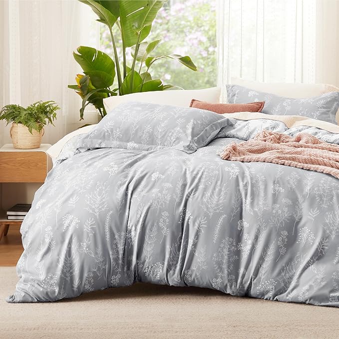 Bedsure Twin/Twin XL Duvet Cover - Reversible Grey Duvet Cover Set with Zipper Closure, 2 Pieces Cute Floral Patterned Bedding Set with 8 Corner Ties and 1 Pillow Sham