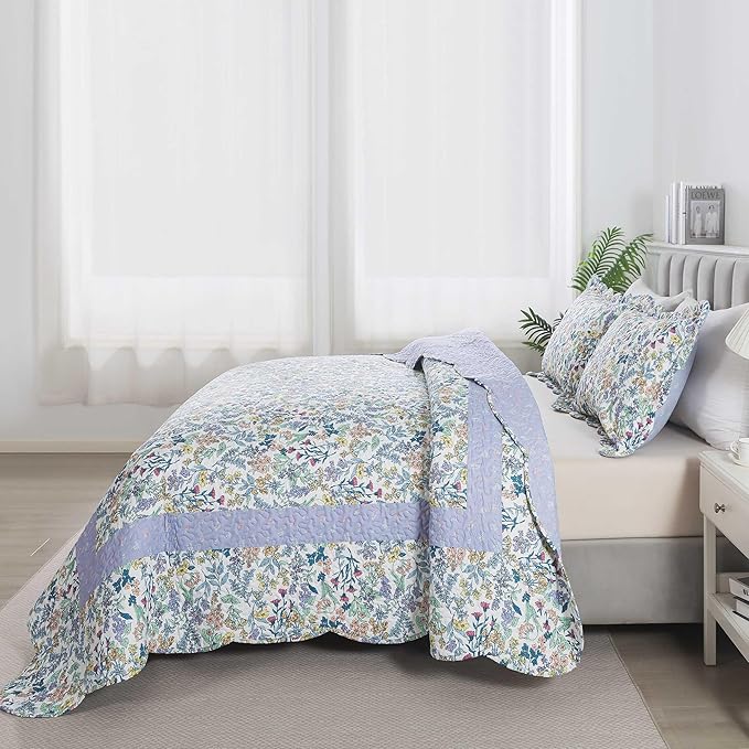 HoneiLife Oversized Queen Quilt - Microfiber Quilt Sets 106"x106",3-Piece Floral Bedspreads, Lightweight Coverlets, Wildflower Quilts, Queen Quilt Bedding Sets for All Season Use