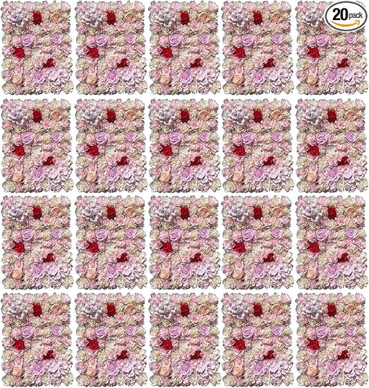 16"x 24" Artificial Flower Wall Panels,Flower Wall Mat Silk Flower Panels for Outdoor Garden Backyard Fence Fence Privacy Screen and Indoor Wall Decor(20Pcs Light Pink+Light Yellow+Red)