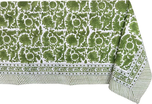 ATOSII Paradise Green 100% Cotton Rectangle Summer Tablecloth, Handblock Floral Print Linen Table Cloth for Kitchen Dining I Parties, Weddings, Outdoors, Decor 60 X 90 Inches