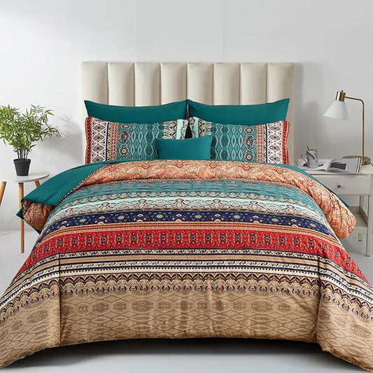 Cottolester Boho King Size Comforter Set 8 Pieces,Green and Brown Bohemian Striped Bed in a Bag,Floral Soft Microfiber Bedding Comforter Set