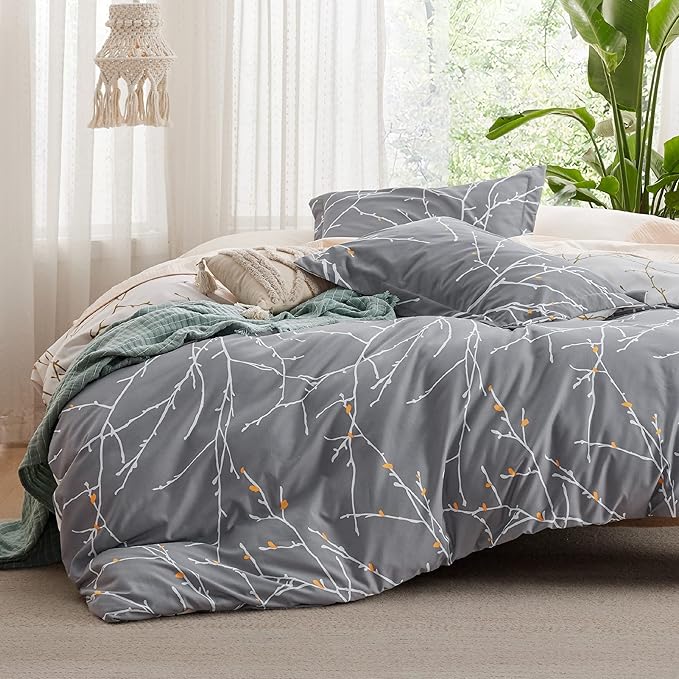 Bedsure Duvet Cover Twin Size - Reversible Botanical Duvet Cover Set with Zipper Closure, 2 Pieces Grey Bedding Set with 8 Corner Ties and 1 Pillow Sham 20"x26"