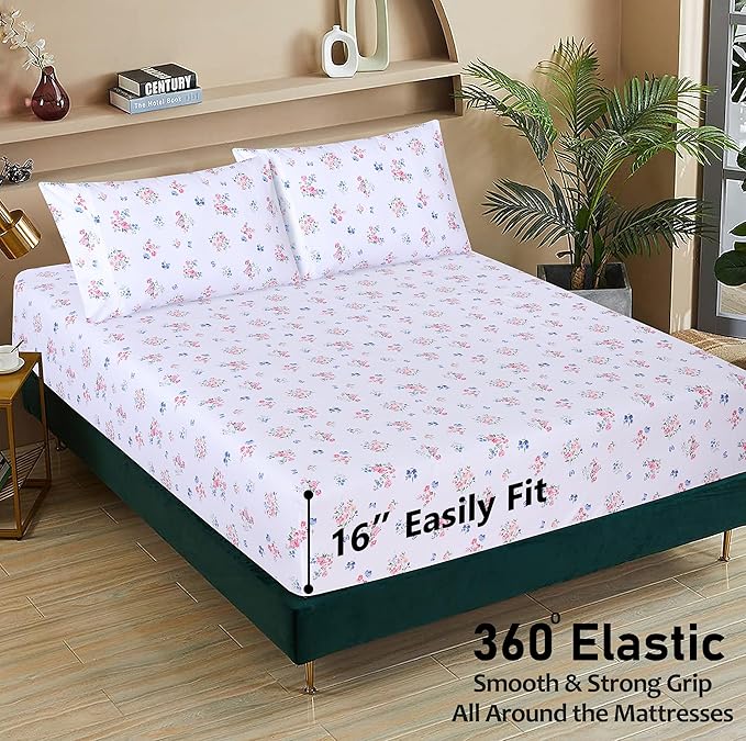 RUVANTI 100% Cotton Twin XL Sheet Sets, 3 Pieces, Soft & Breathable Percale Weave Bedding, Deep Pocket 16", Hotel Standard, Crisp Cool Feel, Durable, Perfect Size Floral Sheets, Funa Flora