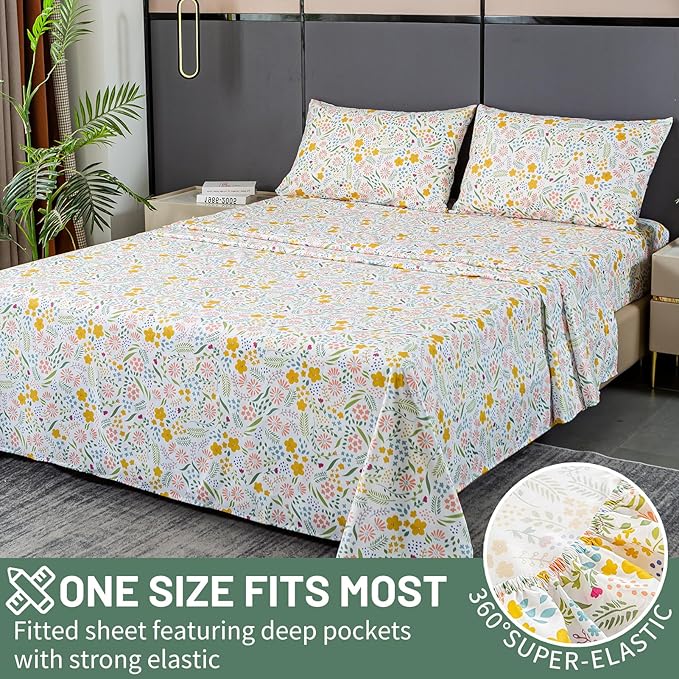 Bedlifes Queen Size Extra Deep Pocket Sheet Sets - Fits Mattresses Up to 18-24" Thick, 4-Piece Microfiber Set with 1800 Thread Count, Soft, Smooth, Breathable, Featuring Floral