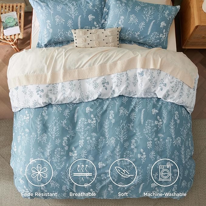 Bedsure Duvet Cover Queen Size - Reversible Mineral Blue Queen Duvet Cover Set with Zipper Closure, 3 Pieces Floral Patterned Bedding Set with 8 Corner Ties and 2 Pillow Shams